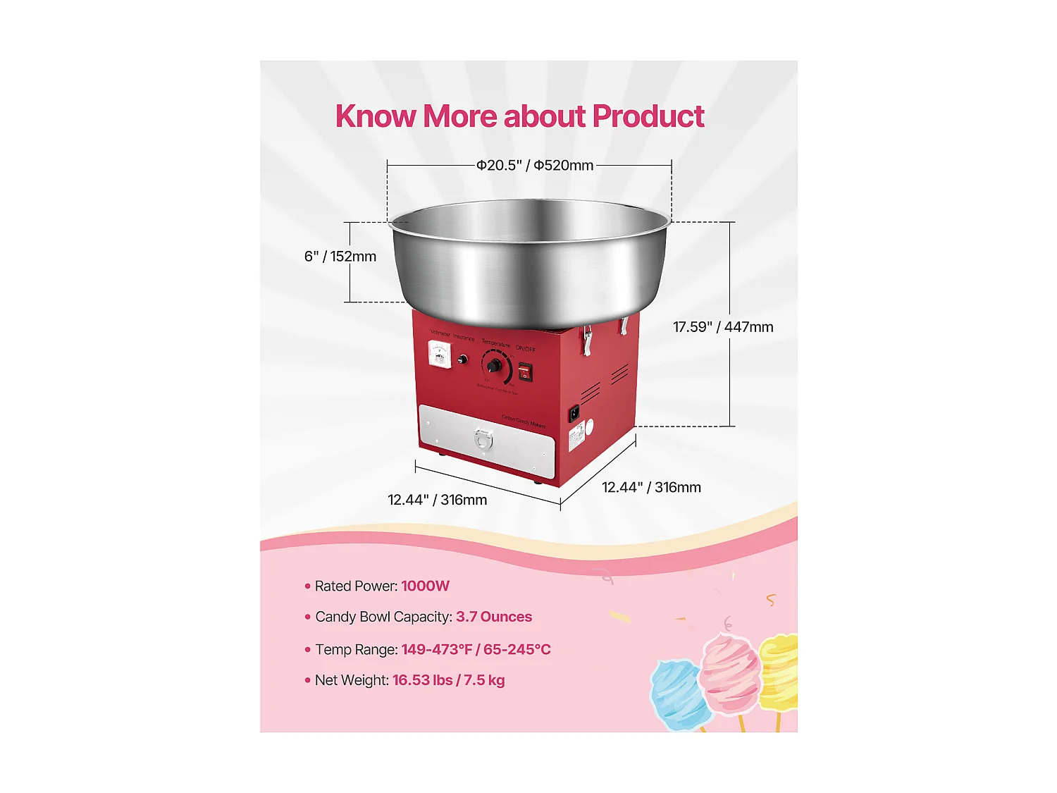 Machine à Barbe à Papa Électrique SucceBuy Appareil Commercial avec Bol en Acier Inoxydable de 52 cm Cuillère à Sucre et Tiroir, Rouge, 1000 W