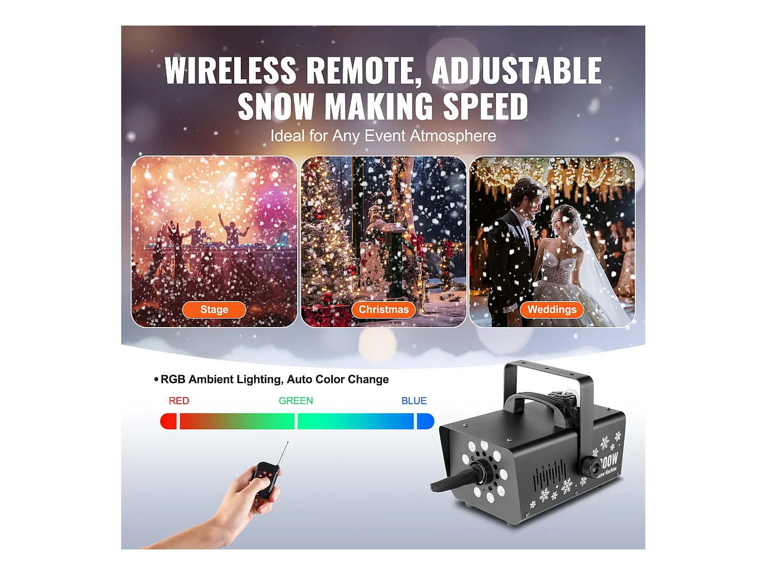 Machine à Neige SucceBuy 800 W avec Éclairage LED pour Événements - Crée une Ambiance Hivernale et Féerique Instantanément
