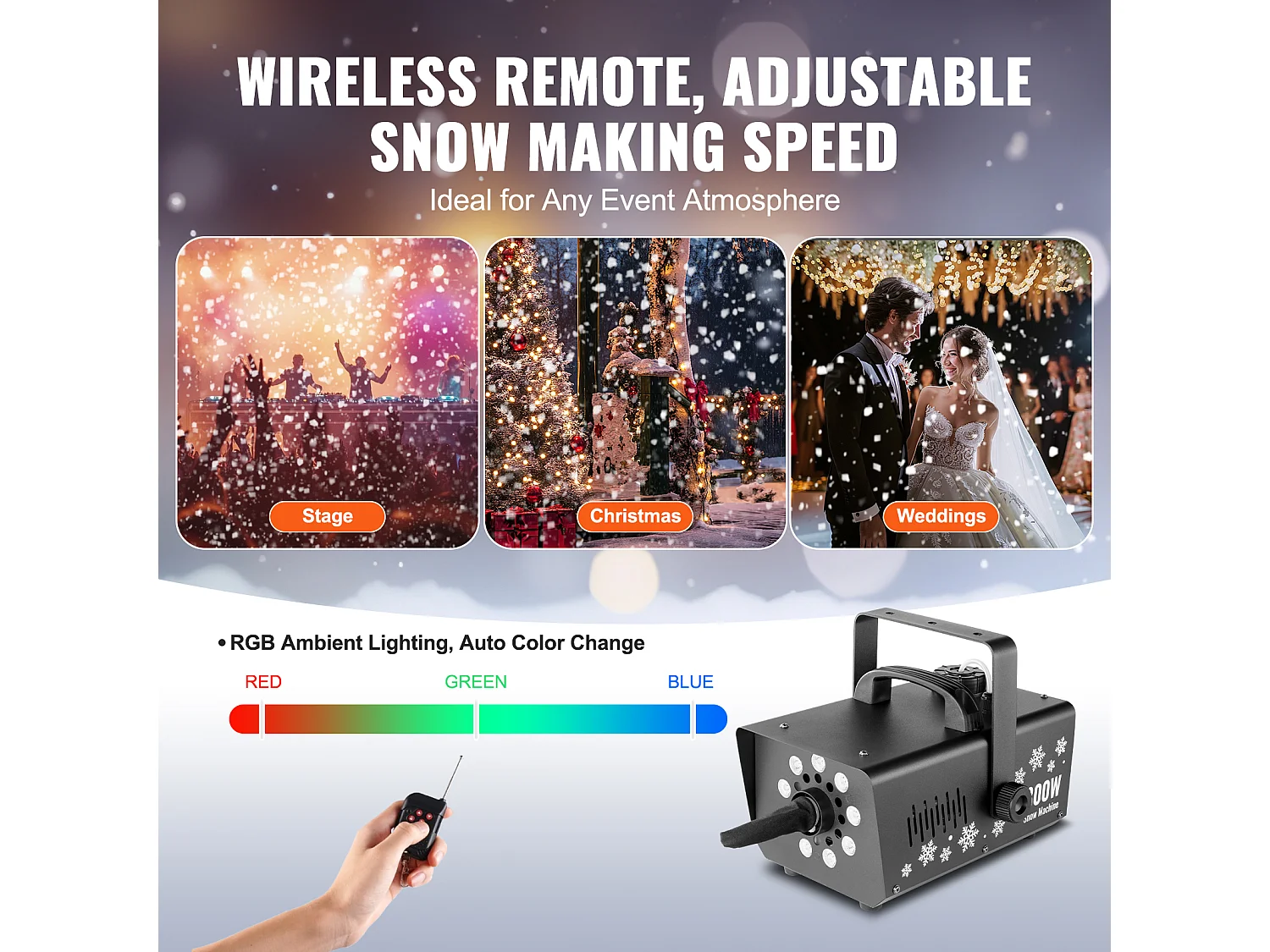 Machine à Neige SucceBuy 800 W avec Éclairage LED pour Événements - Crée une Ambiance Hivernale et Féerique Instantanément