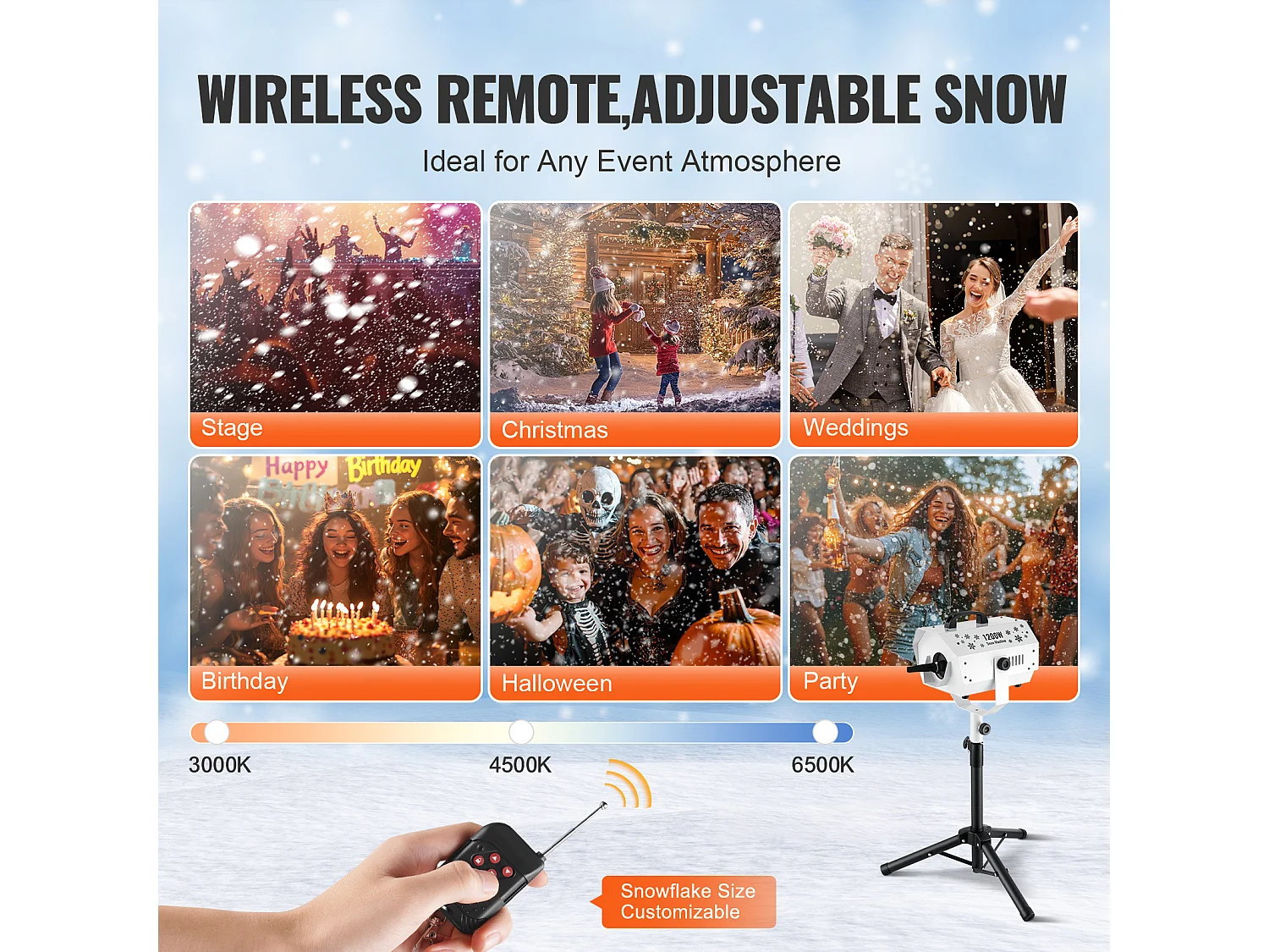 Schneemaschine SucceBuy 1200 W mit Verstellbarem Ständer - Perfekt für Partys in Innenräumen und Veranstaltungen im Freien