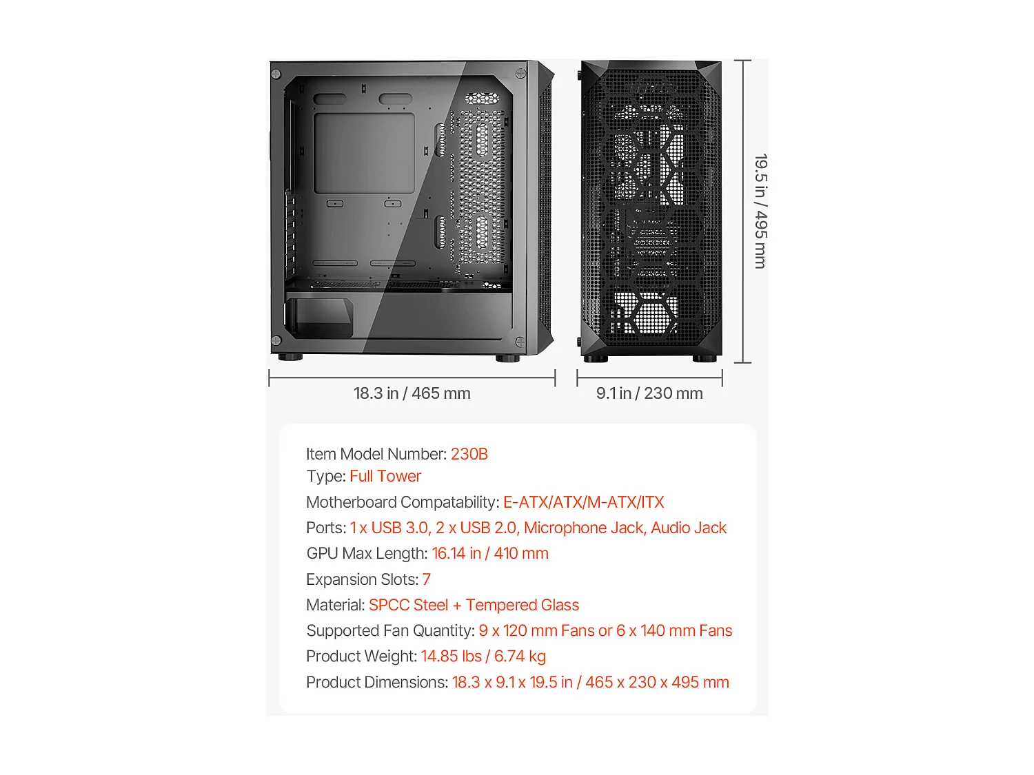 Gabinete PC SucceBuy Gaming Torre Completa, Protetor Magnético de Poeira, 3 Ventoinhas PWM de 14 cm, Adequado para GPU até 41 cm de Comprimento