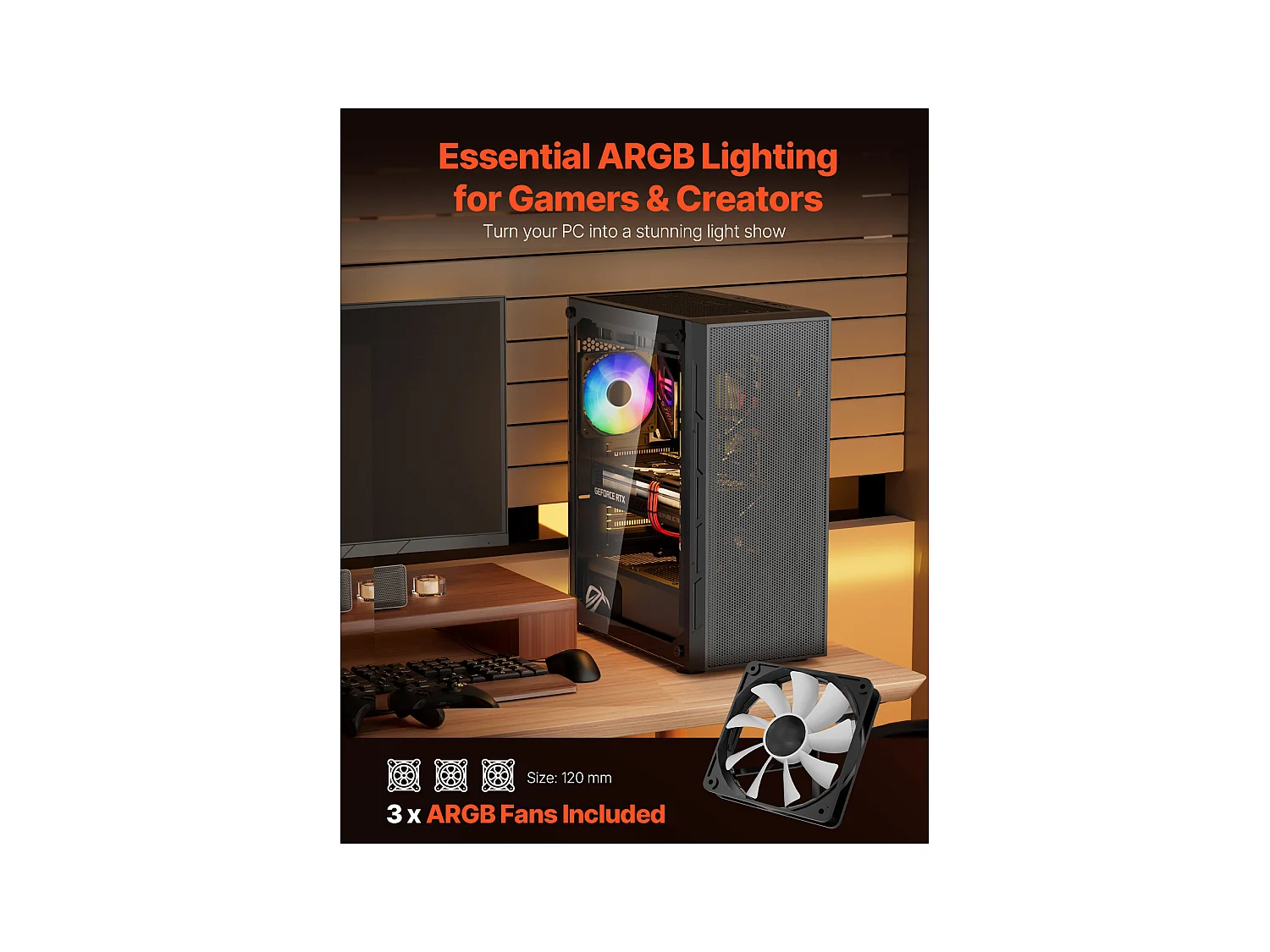 Boîtier PC Gaming SucceBuy, Tour Moyenne, Panneau en Verre Trempé, Filtre à Poussière, 3 Ventilateurs ARGB de 12cm, Compatible avec les GPU jusqu'à 32cm de Long