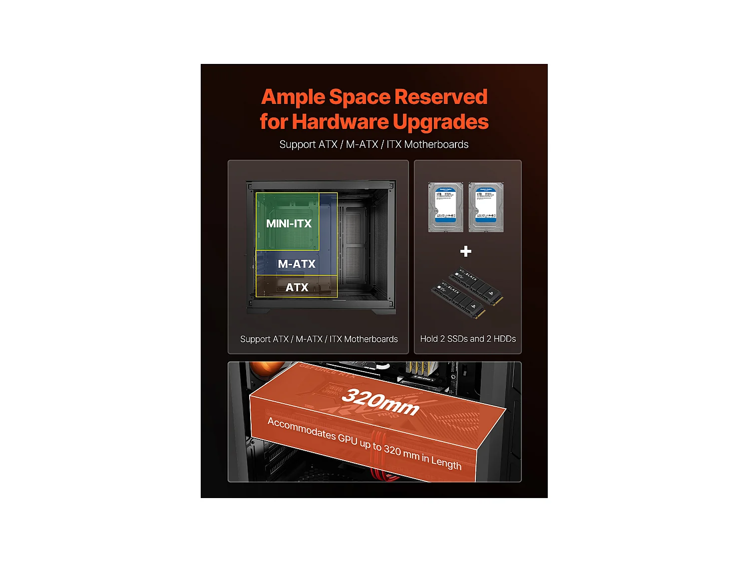 Boîtier PC Gaming SucceBuy, Tour Moyenne, Panneau en Verre Trempé, Filtre à Poussière, 3 Ventilateurs ARGB de 12cm, Compatible avec les GPU jusqu'à 32cm de Long