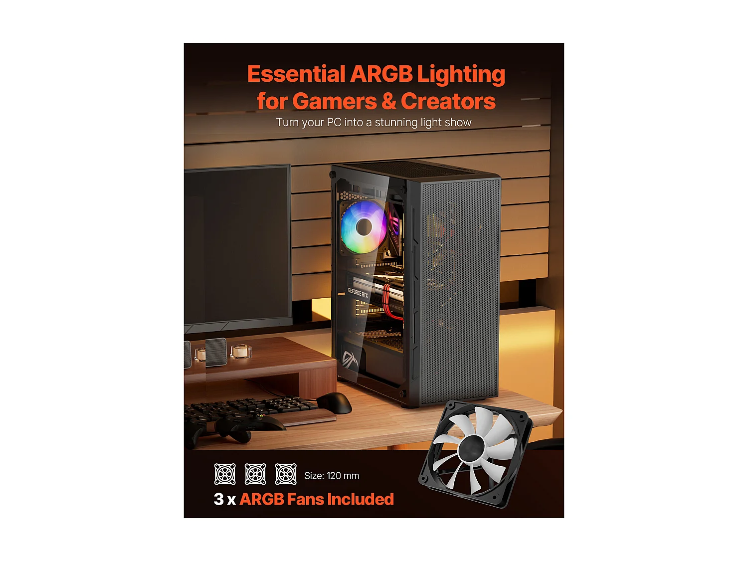 Boîtier PC Gaming SucceBuy, Tour Moyenne, Panneau en Verre Trempé, Filtre à Poussière, 3 Ventilateurs ARGB de 12cm, Compatible avec les GPU jusqu'à 32cm de Long