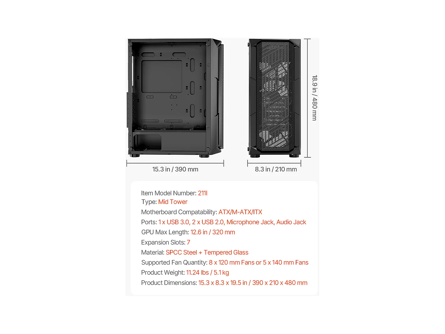 Boîtier PC Gaming SucceBuy, Panneau en Verre Trempé, Protection contre la Poussière, 4 Ventilateurs ARGB de 12cm, Compatible avec les GPU jusqu'à 32cm de Long