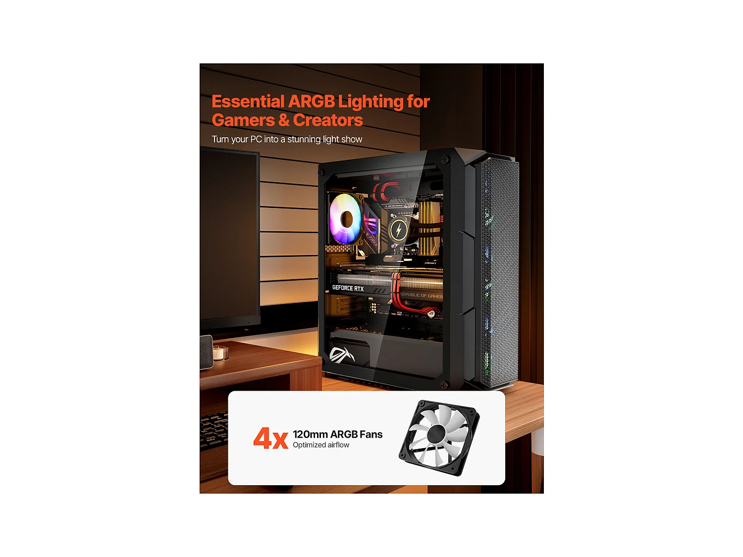 Boîtier PC Gaming SucceBuy, Panneau en Verre Trempé, Protection contre la Poussière, 4 Ventilateurs ARGB de 12cm, Compatible avec les GPU jusqu'à 32cm de Long