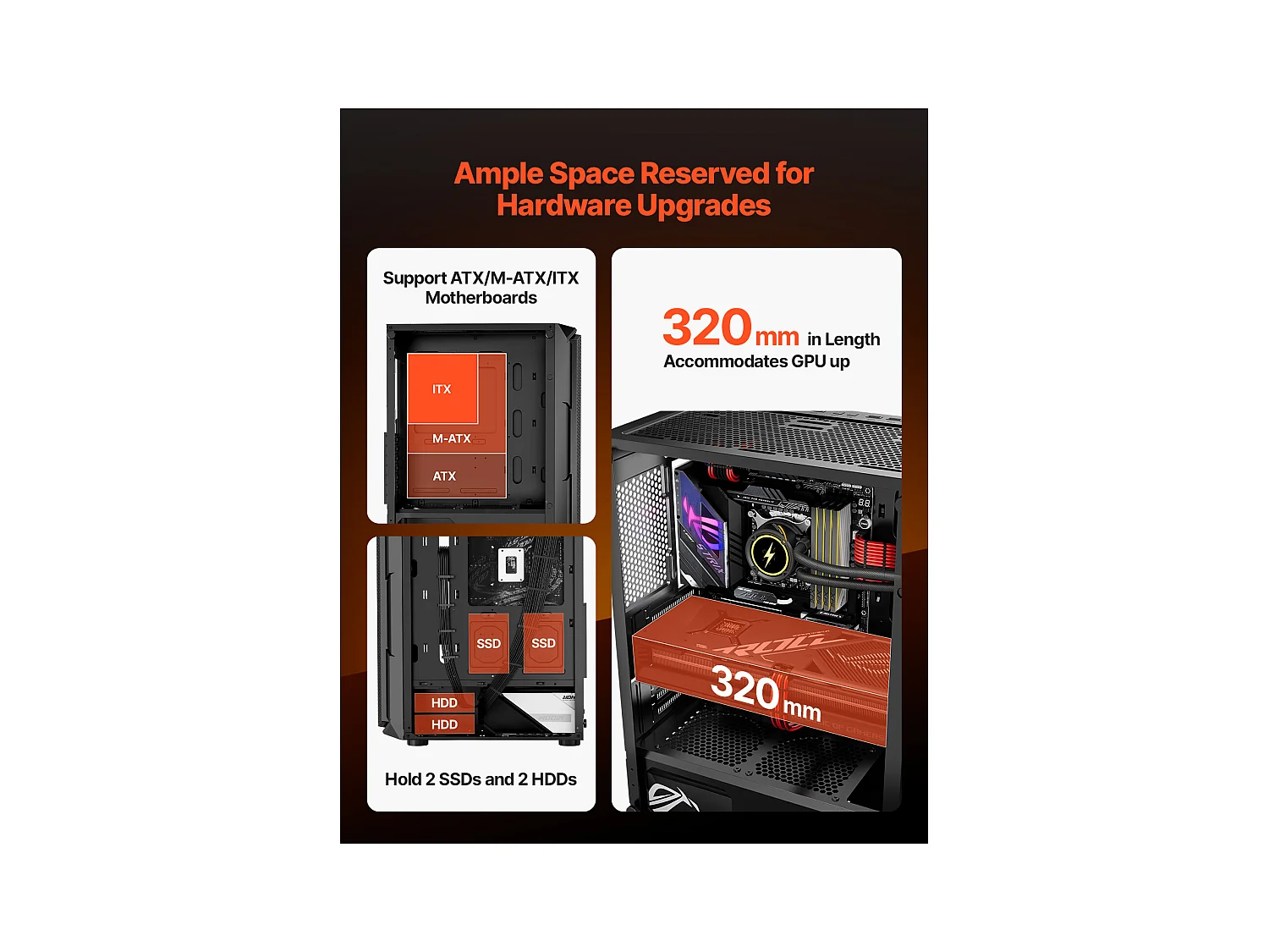 Boîtier PC Gaming SucceBuy, Panneau en Verre Trempé, Protection contre la Poussière, 4 Ventilateurs ARGB de 12cm, Compatible avec les GPU jusqu'à 32cm de Long