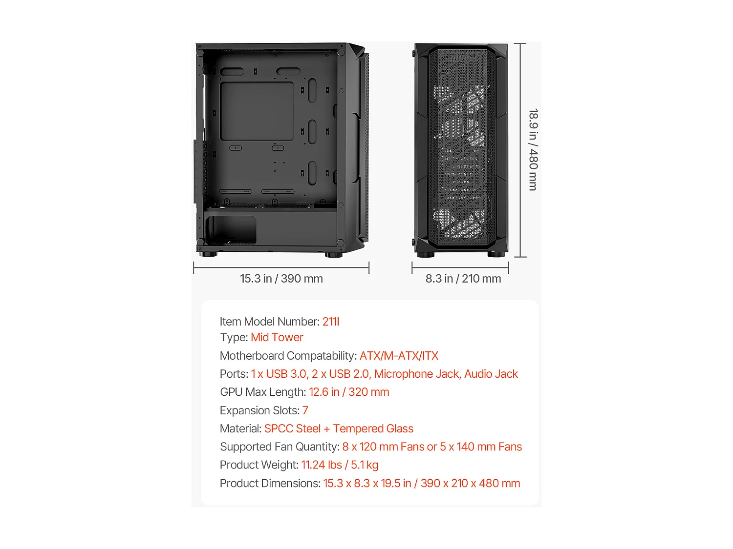 Boîtier PC Gaming SucceBuy, Panneau en Verre Trempé, Protection contre la Poussière, 4 Ventilateurs ARGB de 12cm, Compatible avec les GPU jusqu'à 32cm de Long