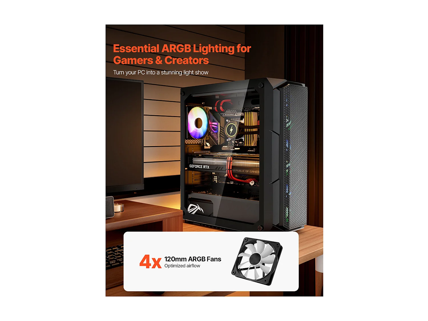 Boîtier PC Gaming SucceBuy, Panneau en Verre Trempé, Protection contre la Poussière, 4 Ventilateurs ARGB de 12cm, Compatible avec les GPU jusqu'à 32cm de Long