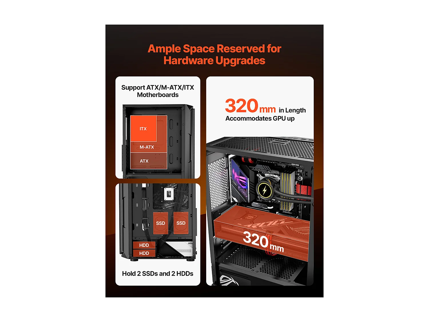 Boîtier PC Gaming SucceBuy, Panneau en Verre Trempé, Protection contre la Poussière, 4 Ventilateurs ARGB de 12cm, Compatible avec les GPU jusqu'à 32cm de Long