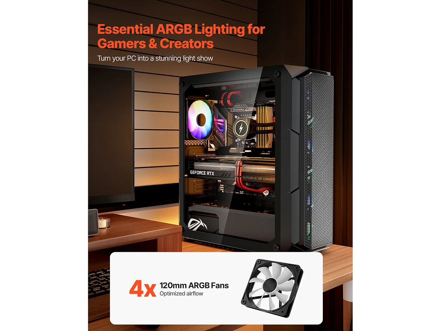 Boîtier PC Gaming SucceBuy, Panneau en Verre Trempé, Protection contre la Poussière, 4 Ventilateurs ARGB de 12cm, Compatible avec les GPU jusqu'à 32cm de Long