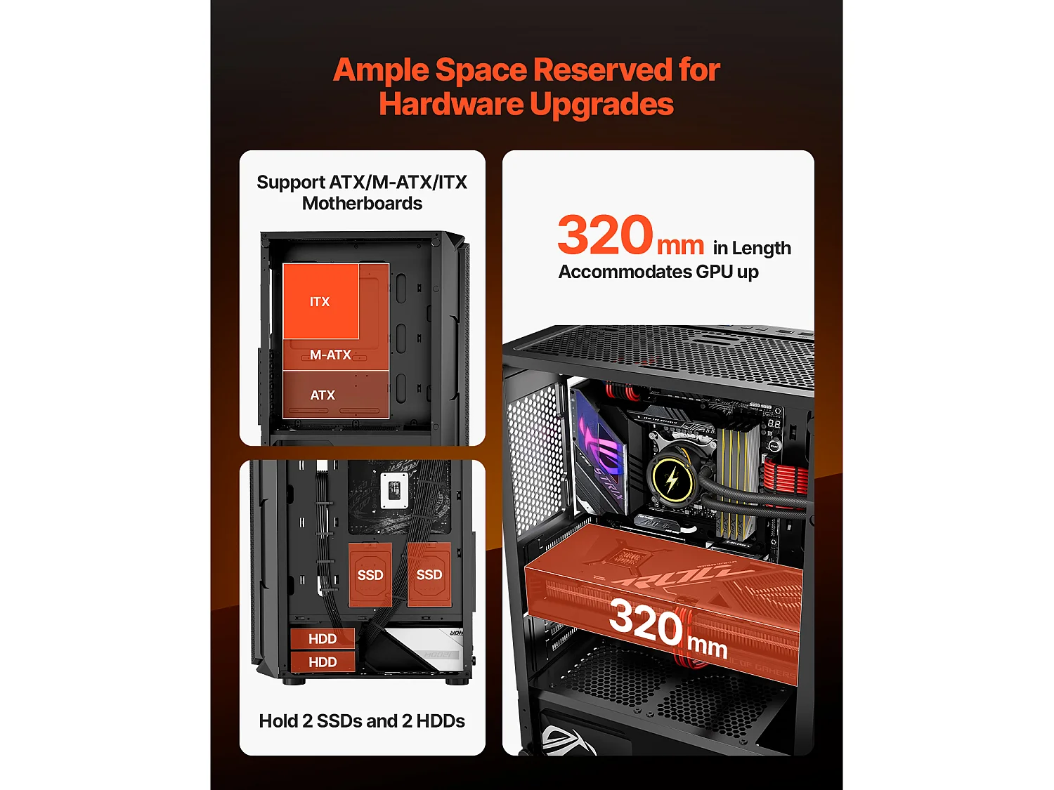 Boîtier PC Gaming SucceBuy, Panneau en Verre Trempé, Protection contre la Poussière, 4 Ventilateurs ARGB de 12cm, Compatible avec les GPU jusqu'à 32cm de Long