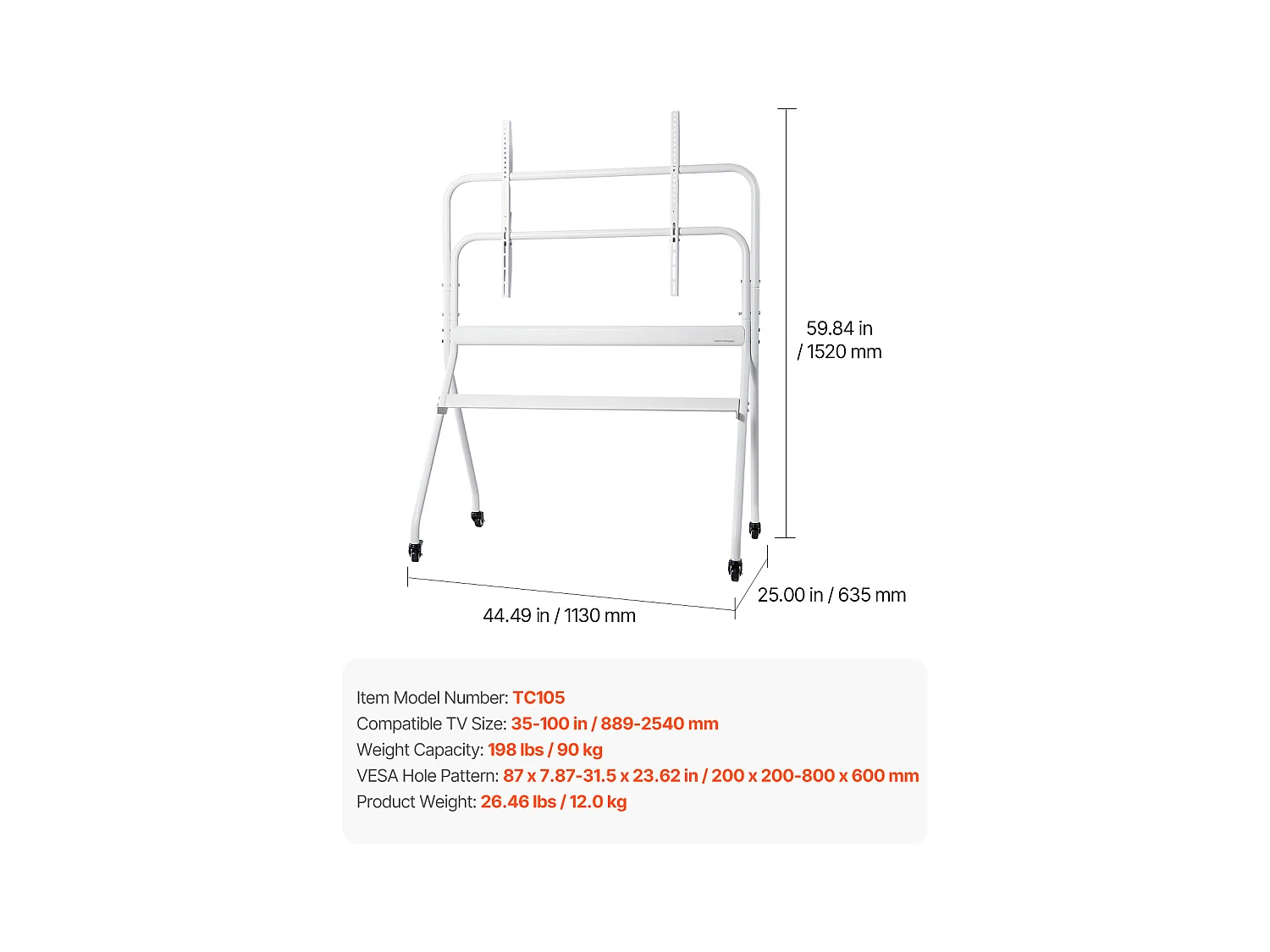 Support TV à Roulettes SucceBuy Chariot TV Mobile et Support Télé sur Pied Portable, Pour Téléviseurs/LED/LCD/OLED de 889 à 2540 mm, Jusqu'à 90 kg