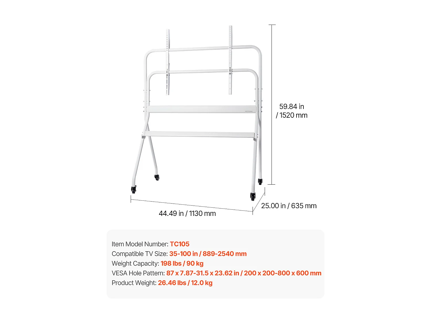 Support TV à Roulettes SucceBuy Chariot TV Mobile et Support Télé sur Pied Portable, Pour Téléviseurs/LED/LCD/OLED de 889 à 2540 mm, Jusqu'à 90 kg