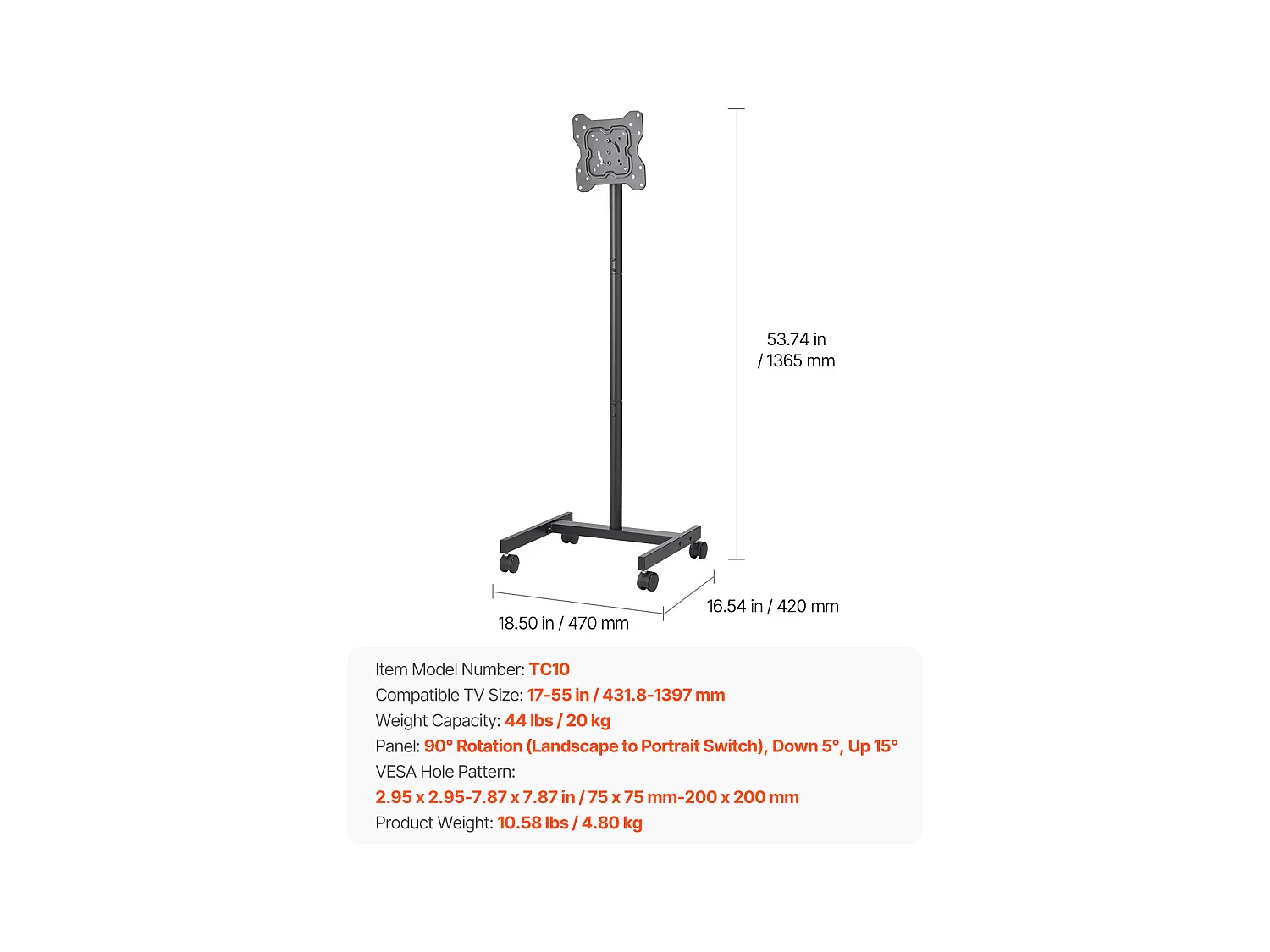 Support TV à Roulettes SucceBuy Chariot TV Mobile et Support Télé sur Pied Portable, Pour Téléviseurs/LED/LCD/OLED de 431,8 à 1397 mm, Jusqu'à 20 kg