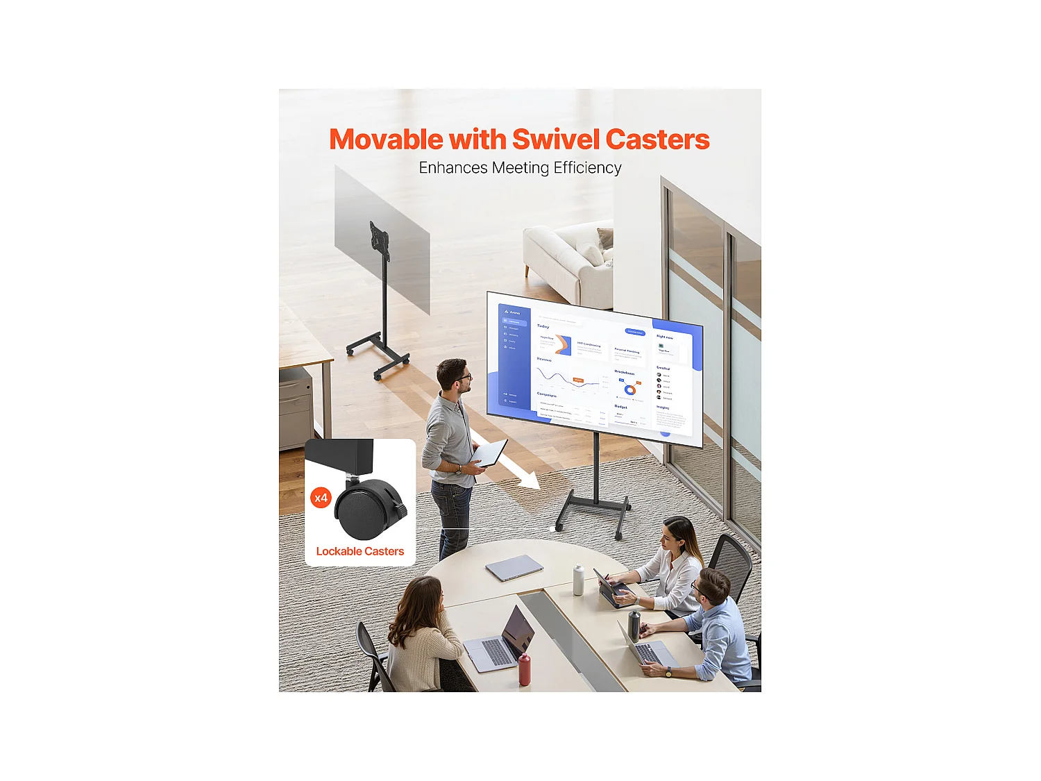 Support TV à Roulettes SucceBuy Chariot TV Mobile et Support Télé sur Pied Portable, Pour Téléviseurs/LED/LCD/OLED de 431,8 à 1397 mm, Jusqu'à 20 kg