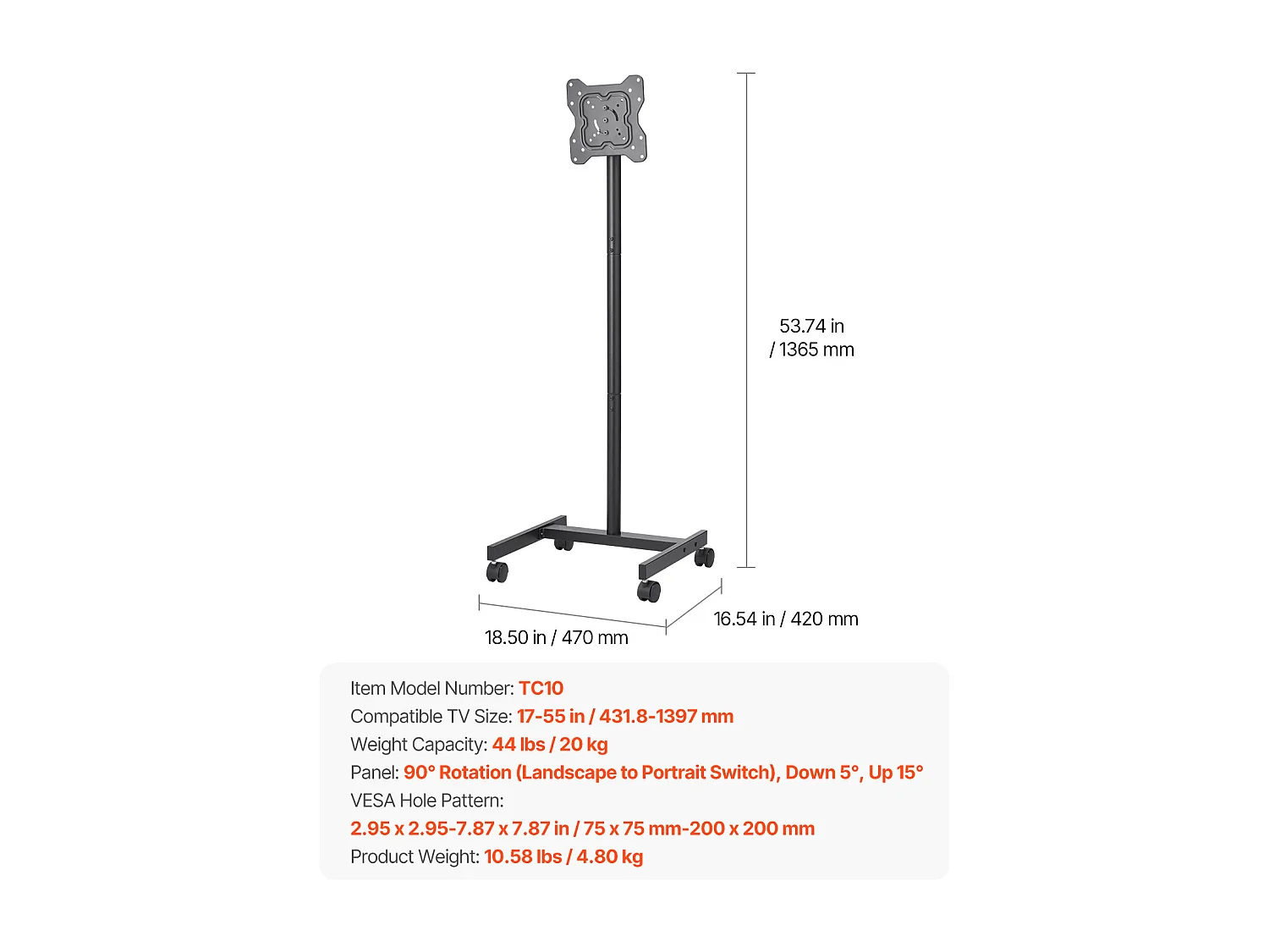 TV-Standaard op Wieltjes SucceBuy Mobiele TV-Wagen en Draagbare TV-Standaard op Voet, Voor TV's/LED/LCD/OLED van 431,8 tot 1397 mm, Tot 20 kg