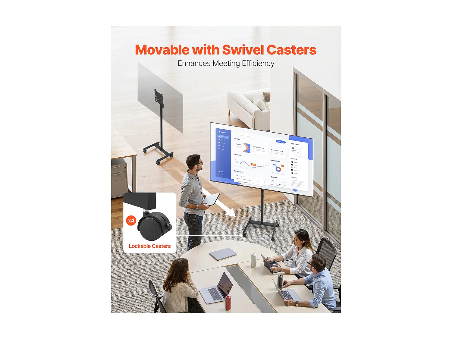 TV-Standaard op Wieltjes SucceBuy Mobiele TV-Wagen en Draagbare TV-Standaard op Voet, Voor TV's/LED/LCD/OLED van 431,8 tot 1397 mm, Tot 20 kg