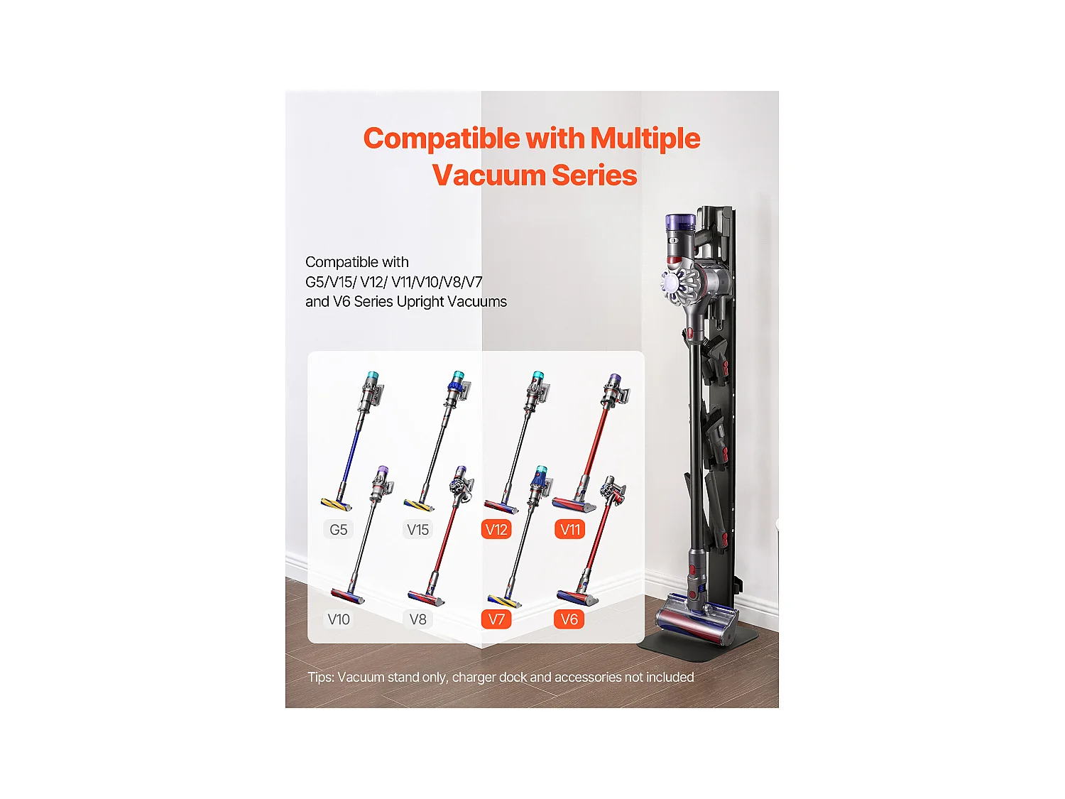 Support d'Aspirateur pour Dyson SucceBuy Compatible avec G5, V15, V12, V11, V10, V8, V7, V6, Porte-aspirateur Vertical avec Accessoires, 6 Crochets, Noir