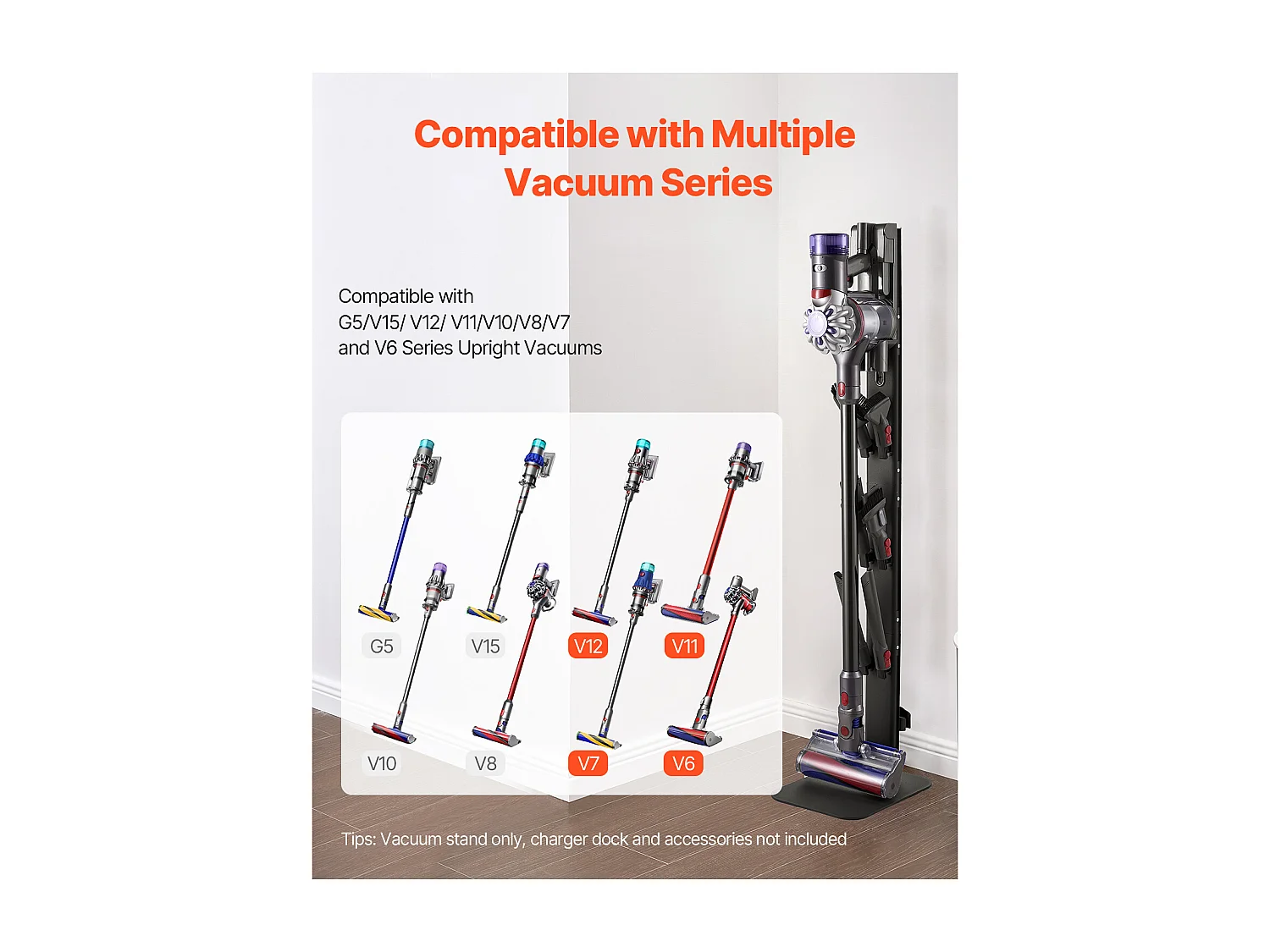 Support d'Aspirateur pour Dyson SucceBuy Compatible avec G5, V15, V12, V11, V10, V8, V7, V6, Porte-aspirateur Vertical avec Accessoires, 6 Crochets, Noir