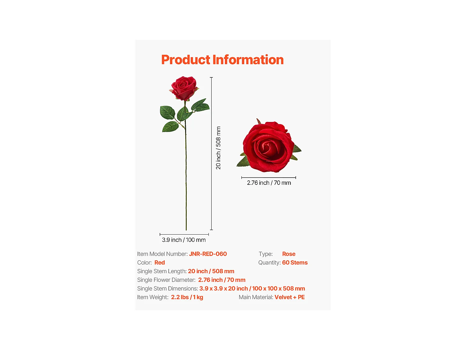 Rose Artificielle SucceBuy Fleurs Artificielles 508 mm Bouquets de Fausses Fleurs, Aspect Réaliste avec Tête de Rose 70 mm Rouge, Lot de 60
