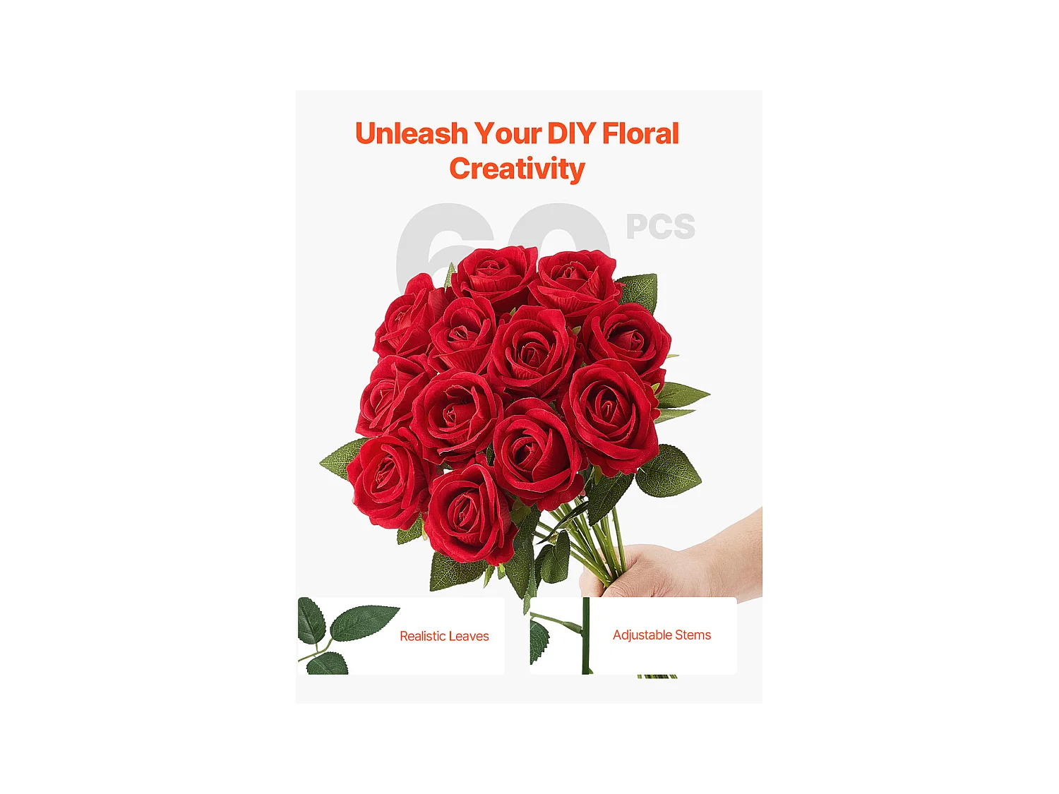 Rose Artificielle SucceBuy Fleurs Artificielles 508 mm Bouquets de Fausses Fleurs, Aspect Réaliste avec Tête de Rose 70 mm Rouge, Lot de 60