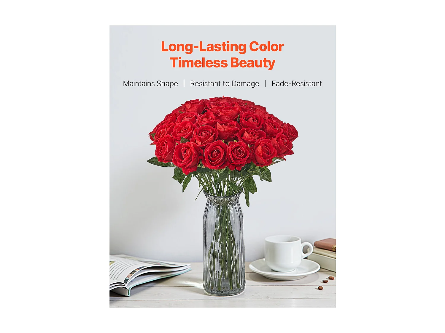 Rose Artificielle SucceBuy Fleurs Artificielles 508 mm Bouquets de Fausses Fleurs, Aspect Réaliste avec Tête de Rose 70 mm Rouge, Lot de 60