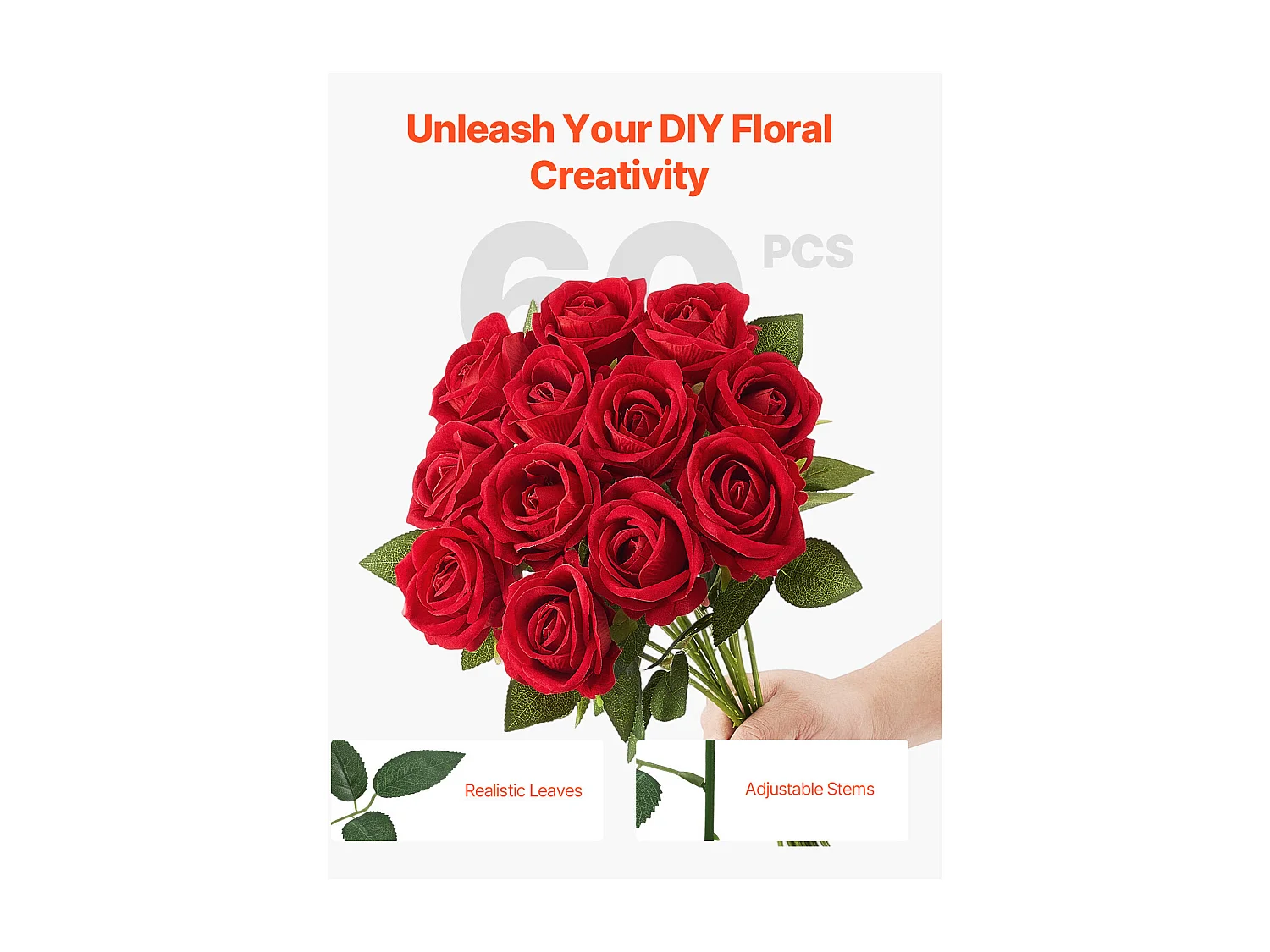 Rose Artificielle SucceBuy Fleurs Artificielles 508 mm Bouquets de Fausses Fleurs, Aspect Réaliste avec Tête de Rose 70 mm Rouge, Lot de 60