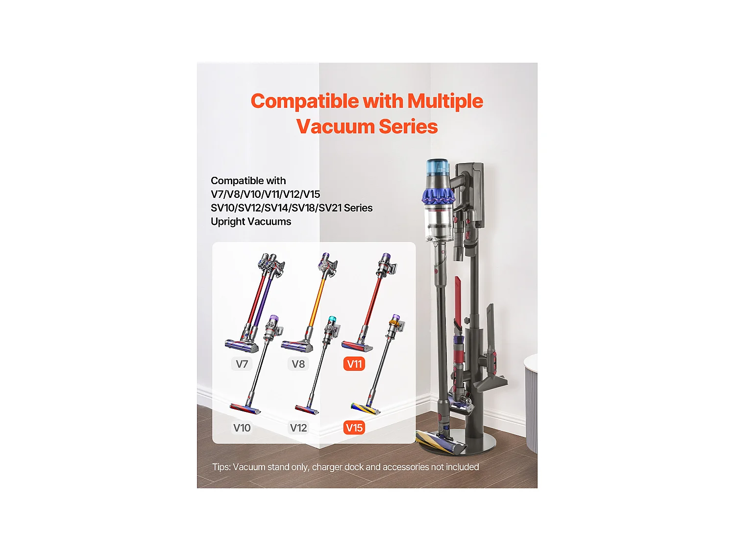 Support d'Aspirateur pour Dyson SucceBuy Compatible avec V7, V8, V10, V11, V12, V15, SV10, SV12, SV14, SV18, SV21, avec 3 Clips et Hauteur Réglable 865-1300 mm