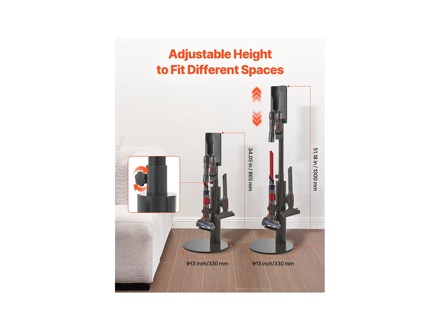 Support d'Aspirateur pour Dyson SucceBuy Compatible avec V7, V8, V10, V11, V12, V15, SV10, SV12, SV14, SV18, SV21, avec 3 Clips et Hauteur Réglable 865-1300 mm