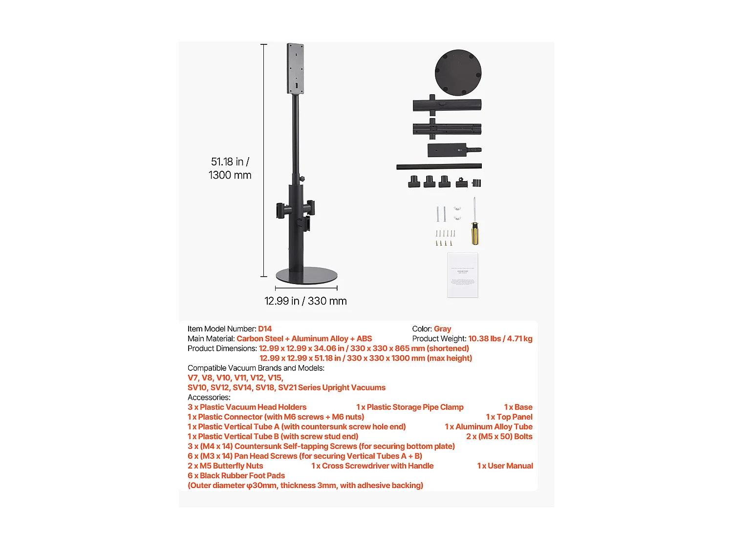 Support d'Aspirateur pour Dyson SucceBuy Compatible avec V7, V8, V10, V11, V12, V15, SV10, SV12, SV14, SV18, SV21, avec 3 Clips et Hauteur Réglable 865-1300 mm