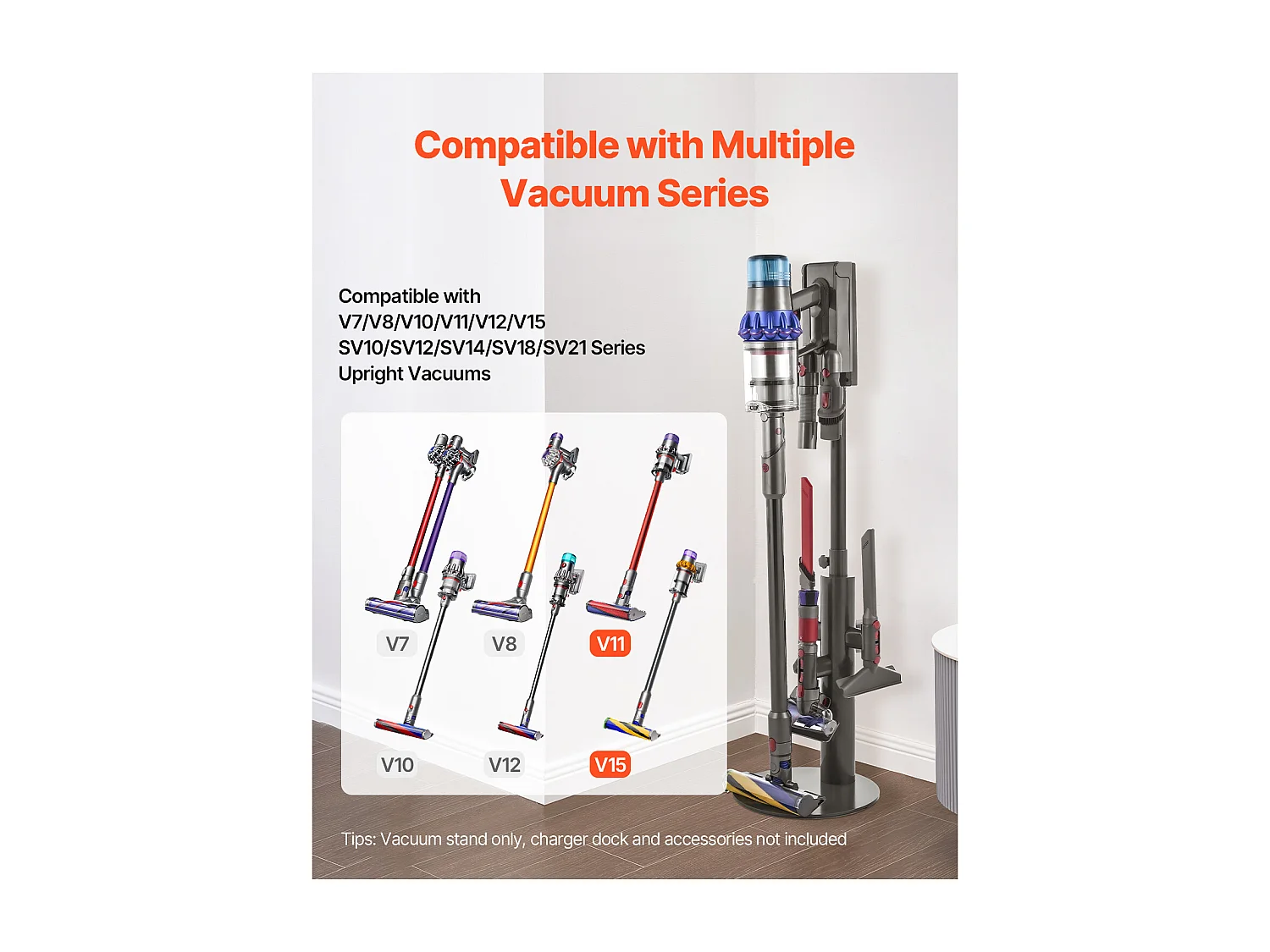 Support d'Aspirateur pour Dyson SucceBuy Compatible avec V7, V8, V10, V11, V12, V15, SV10, SV12, SV14, SV18, SV21, avec 3 Clips et Hauteur Réglable 865-1300 mm