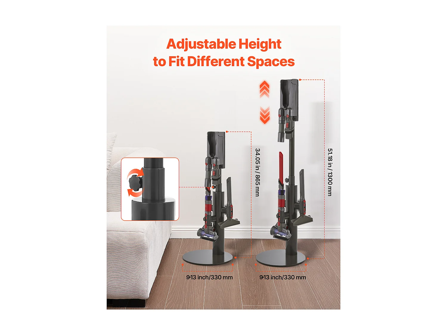 Support d'Aspirateur pour Dyson SucceBuy Compatible avec V7, V8, V10, V11, V12, V15, SV10, SV12, SV14, SV18, SV21, avec 3 Clips et Hauteur Réglable 865-1300 mm