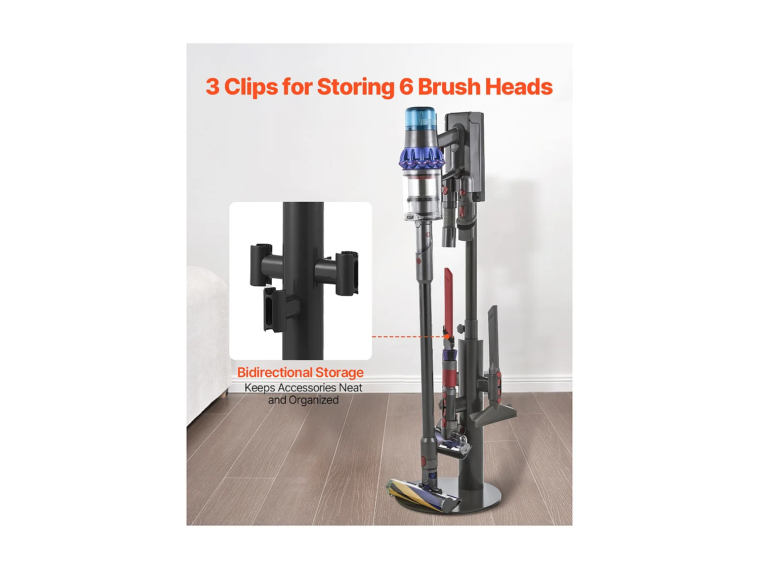 Support d'Aspirateur pour Dyson SucceBuy Compatible avec V7, V8, V10, V11, V12, V15, SV10, SV12, SV14, SV18, SV21, avec 3 Clips et Hauteur Réglable 865-1300 mm