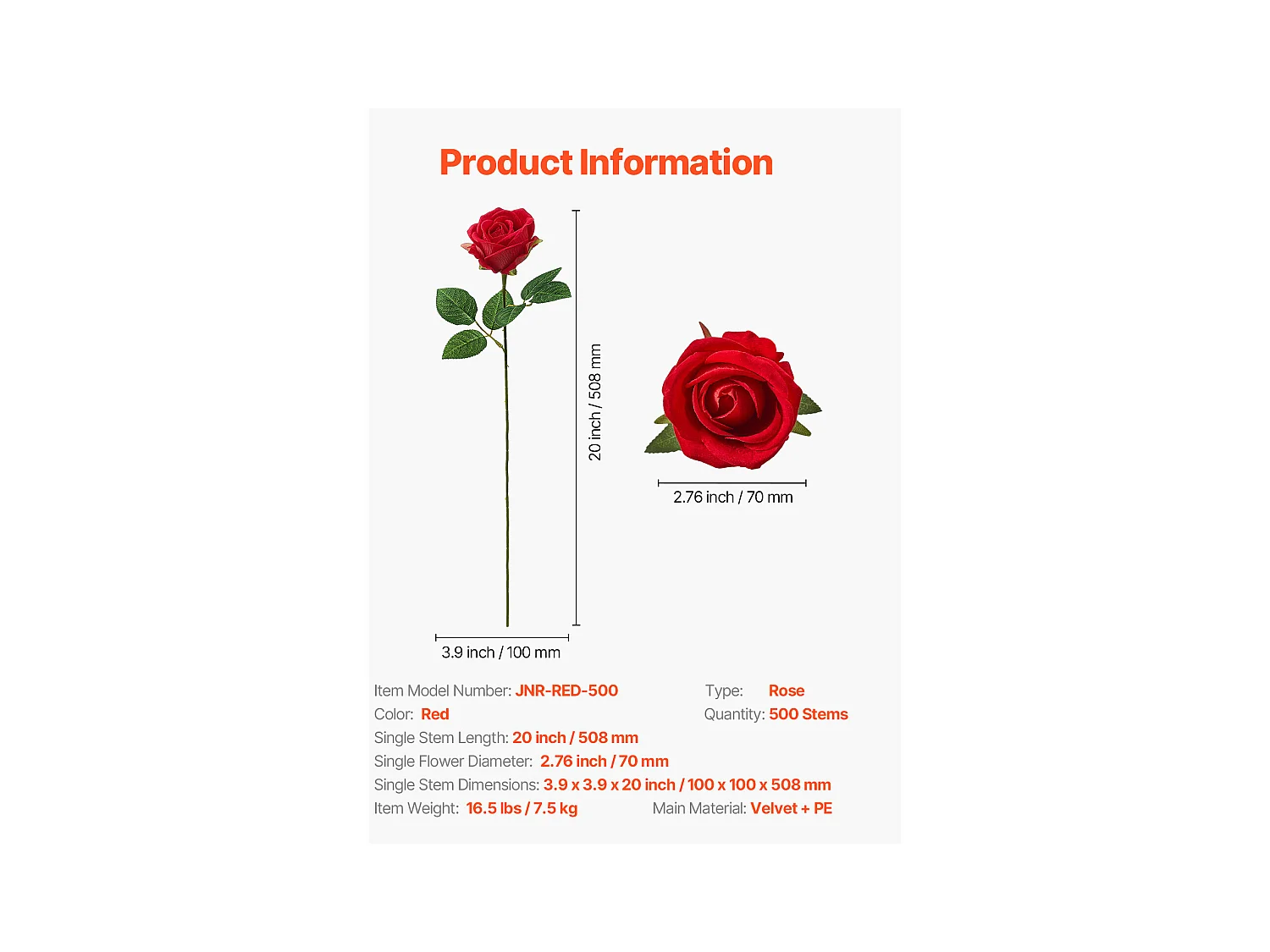 Rose Artificielle SucceBuy Fleurs Artificielles 508 mm Bouquets de Fausses Fleurs, Aspect Réaliste avec Tête de Rose 70 mm Rouge, Lot de 500