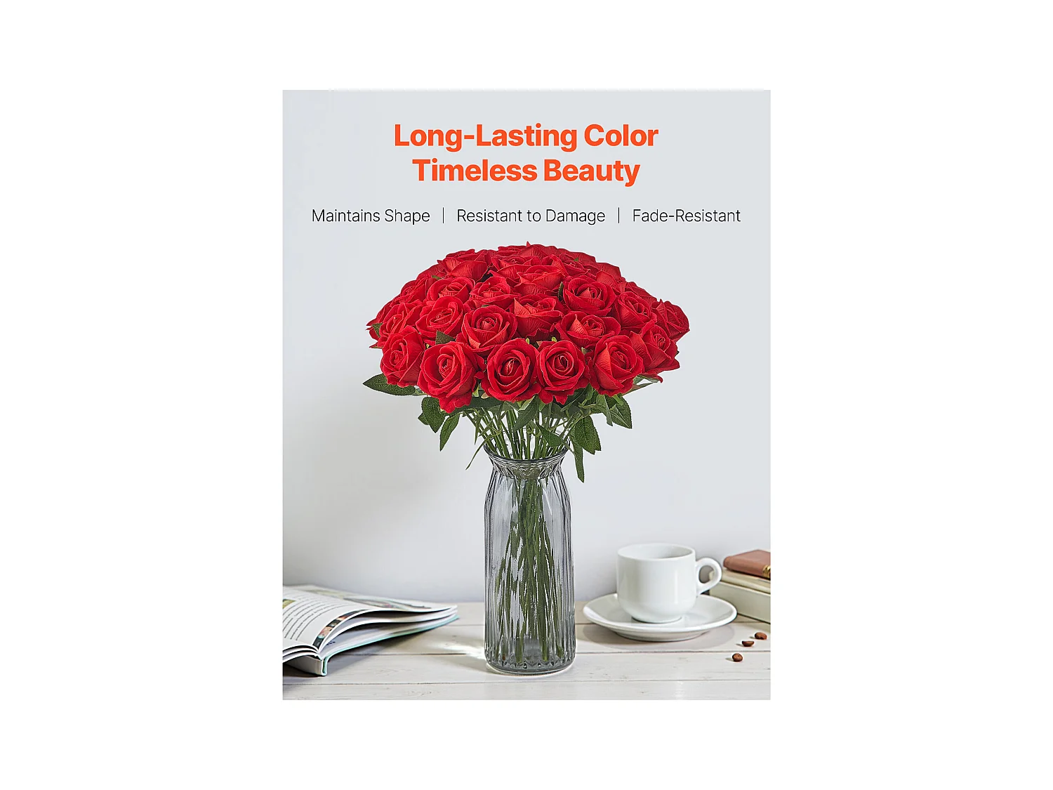 Rose Artificielle SucceBuy Fleurs Artificielles 508 mm Bouquets de Fausses Fleurs, Aspect Réaliste avec Tête de Rose 70 mm Rouge, Lot de 500