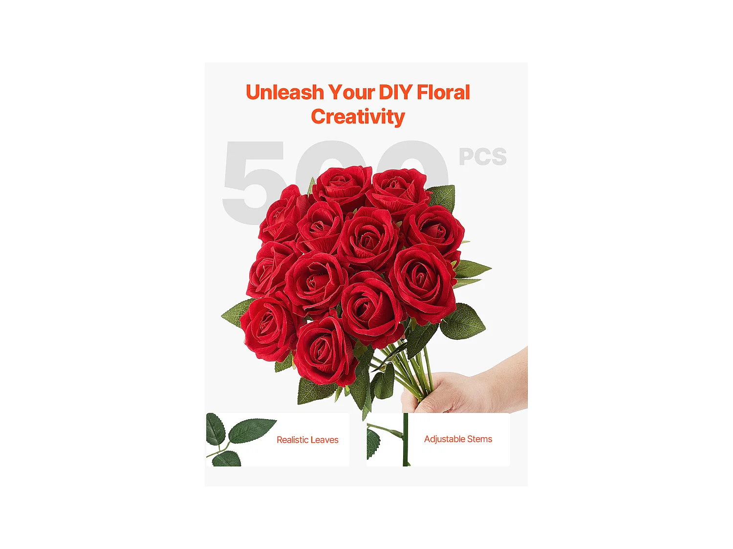 Rose Artificielle SucceBuy Fleurs Artificielles 508 mm Bouquets de Fausses Fleurs, Aspect Réaliste avec Tête de Rose 70 mm Rouge, Lot de 500