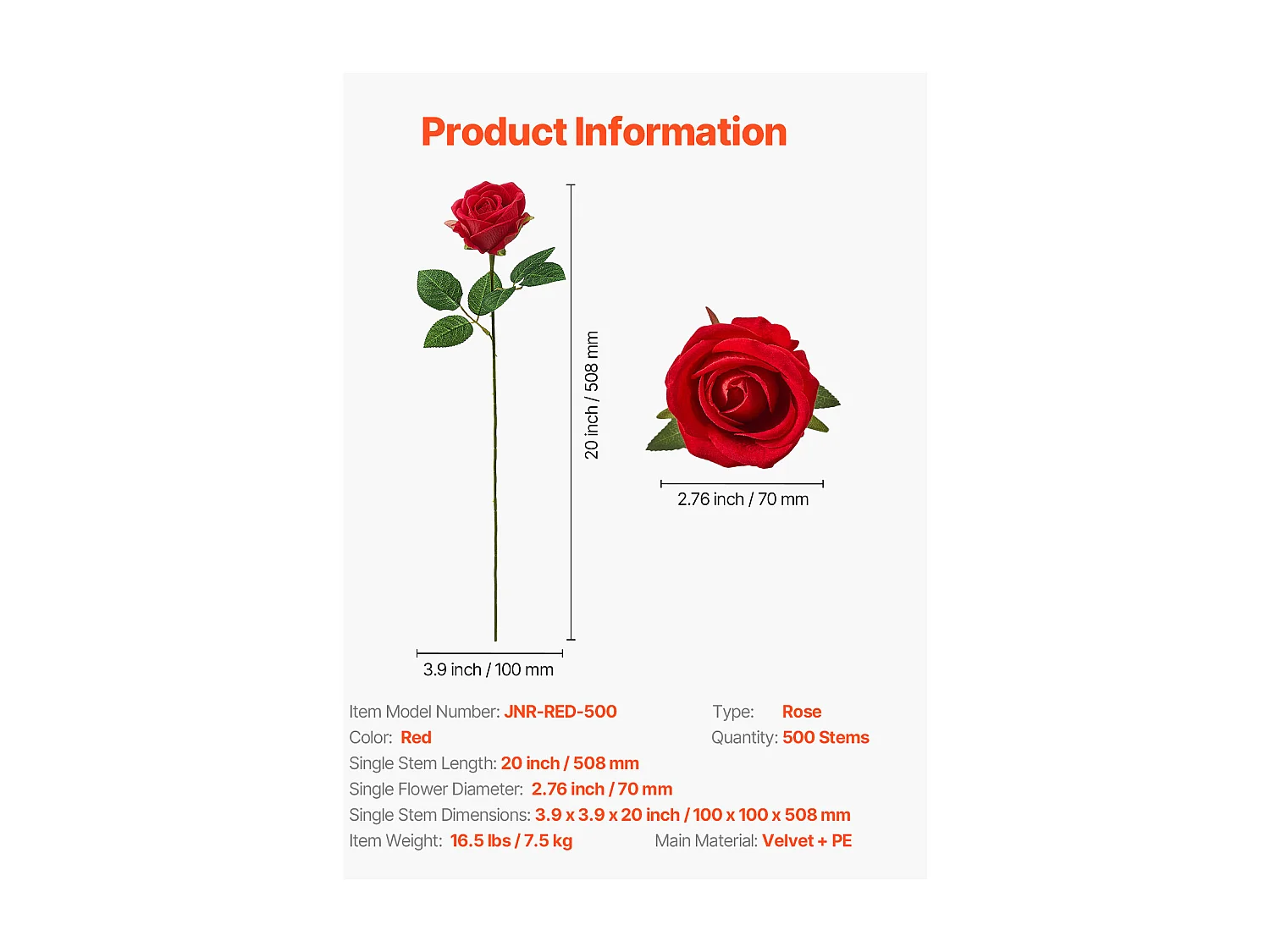 Rose Artificielle SucceBuy Fleurs Artificielles 508 mm Bouquets de Fausses Fleurs, Aspect Réaliste avec Tête de Rose 70 mm Rouge, Lot de 500