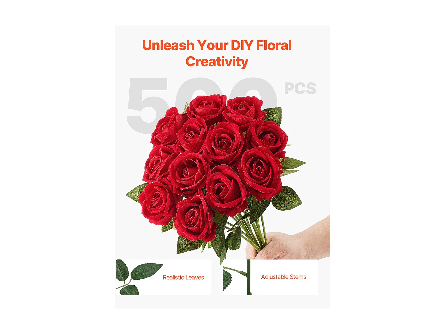 Rose Artificielle SucceBuy Fleurs Artificielles 508 mm Bouquets de Fausses Fleurs, Aspect Réaliste avec Tête de Rose 70 mm Rouge, Lot de 500