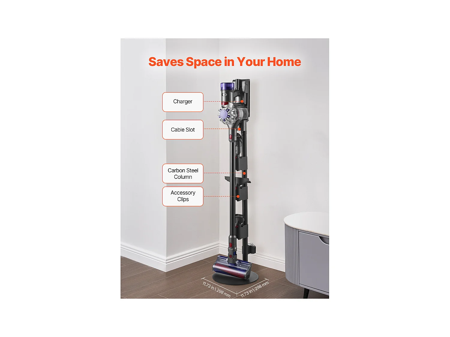 Support d'Aspirateur pour Dyson SucceBuy Compatible avec V7, V8, V10, V11, V12, V15, Porte-aspirateur Vertical  avec Accessoires, 3 Clips de Rangement de Brosses