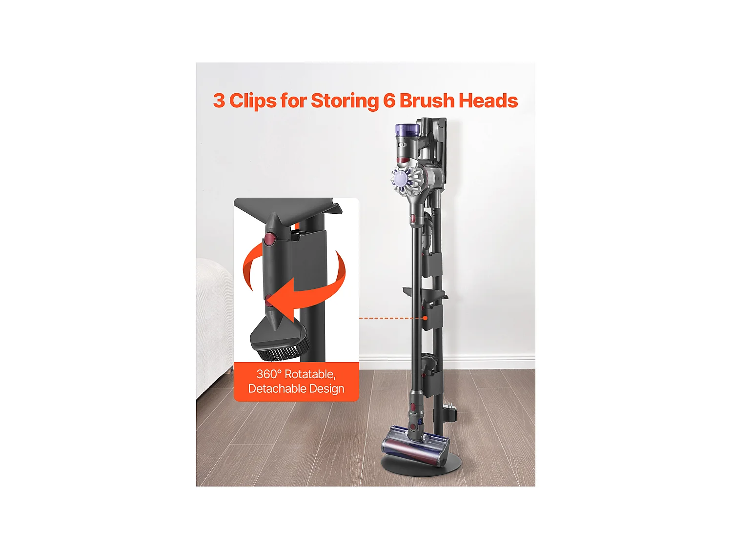 Support d'Aspirateur pour Dyson SucceBuy Compatible avec V7, V8, V10, V11, V12, V15, Porte-aspirateur Vertical  avec Accessoires, 3 Clips de Rangement de Brosses
