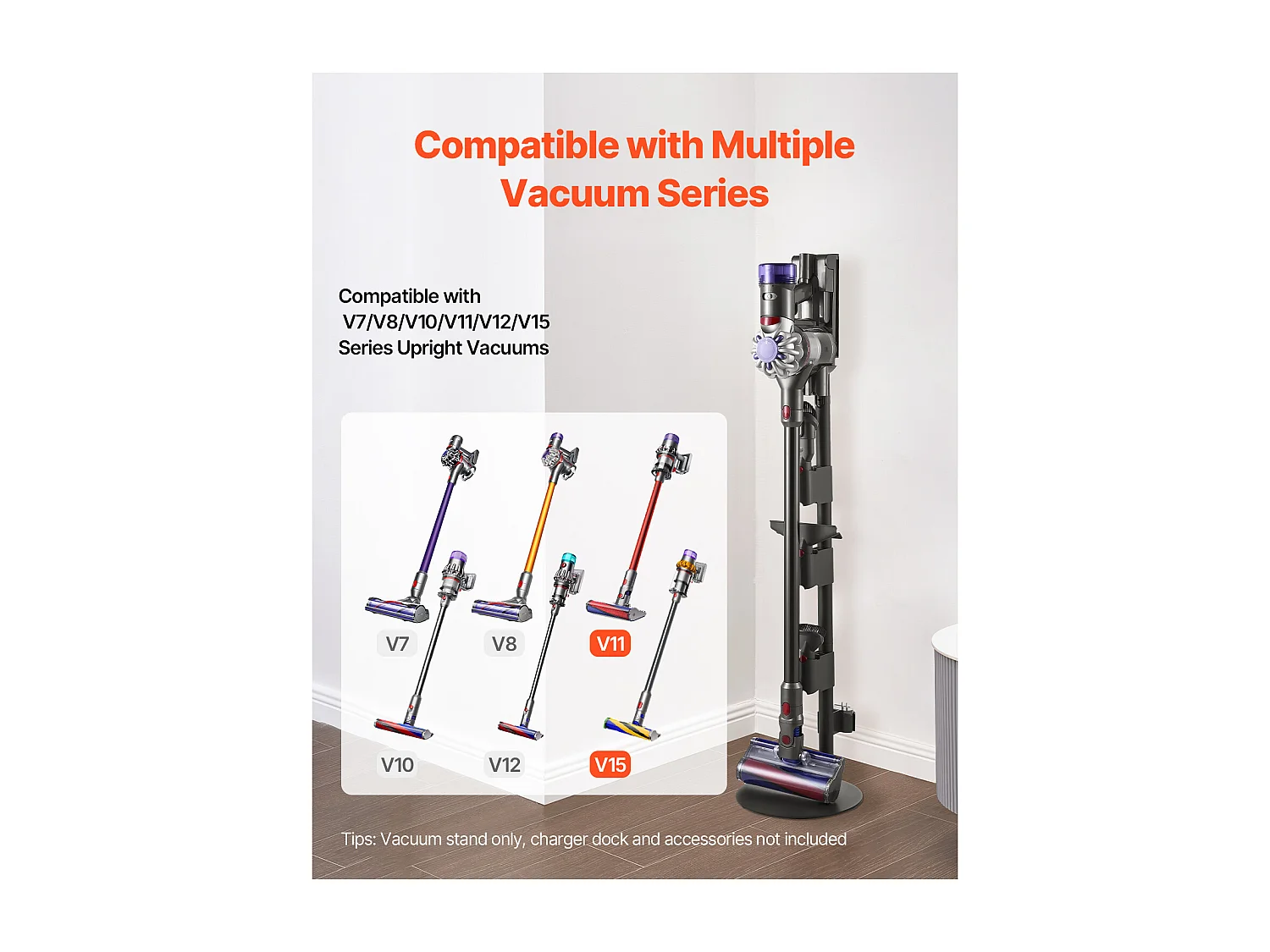 Support d'Aspirateur pour Dyson SucceBuy Compatible avec V7, V8, V10, V11, V12, V15, Porte-aspirateur Vertical  avec Accessoires, 3 Clips de Rangement de Brosses