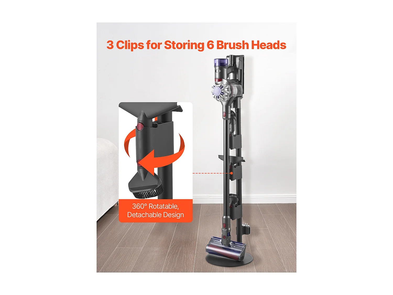Support d'Aspirateur pour Dyson SucceBuy Compatible avec V7, V8, V10, V11, V12, V15, Porte-aspirateur Vertical  avec Accessoires, 3 Clips de Rangement de Brosses