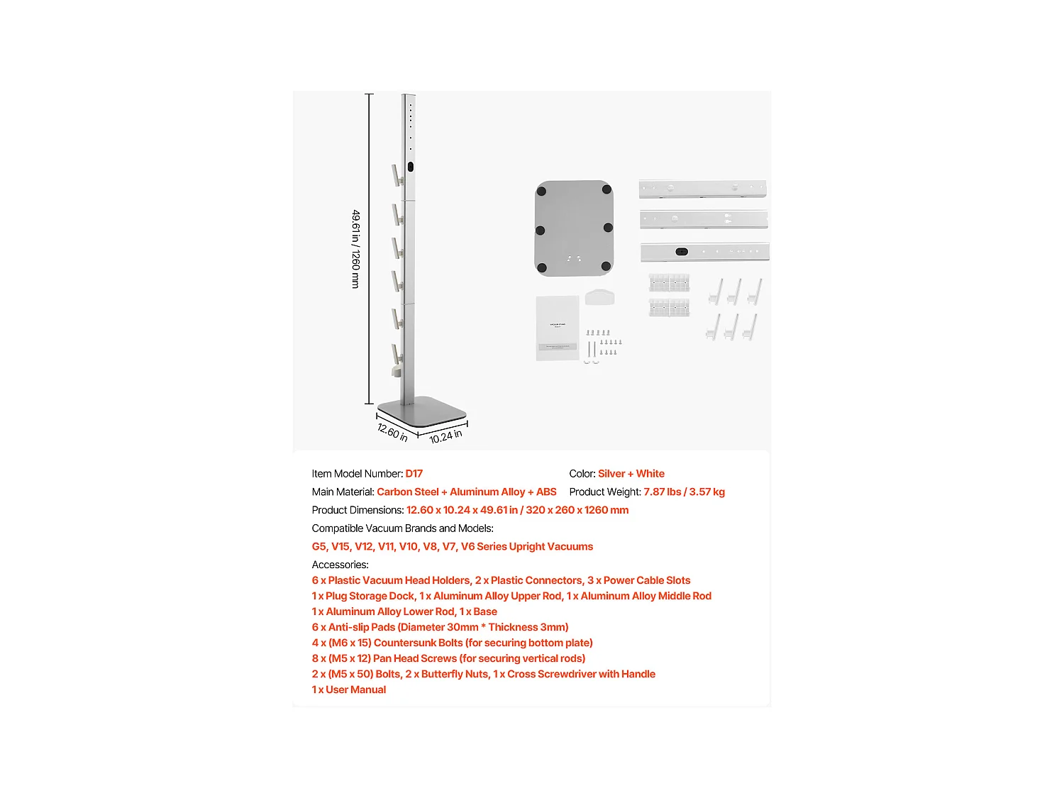 Support d'Aspirateur pour Dyson SucceBuy Compatible avec G5, V15, V12, V11, V10, V8, V7, V6, Porte-aspirateur Vertical avec Accessoires, 6 Crochets