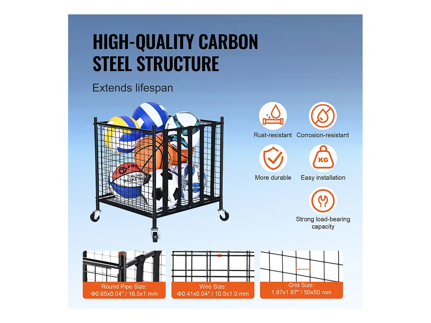 Chariot à Ballons SucceBuy Chariot de Rangement à Roulettes pour Ballons de Sport, Organisateur d'Équipement en Acier pour Garages