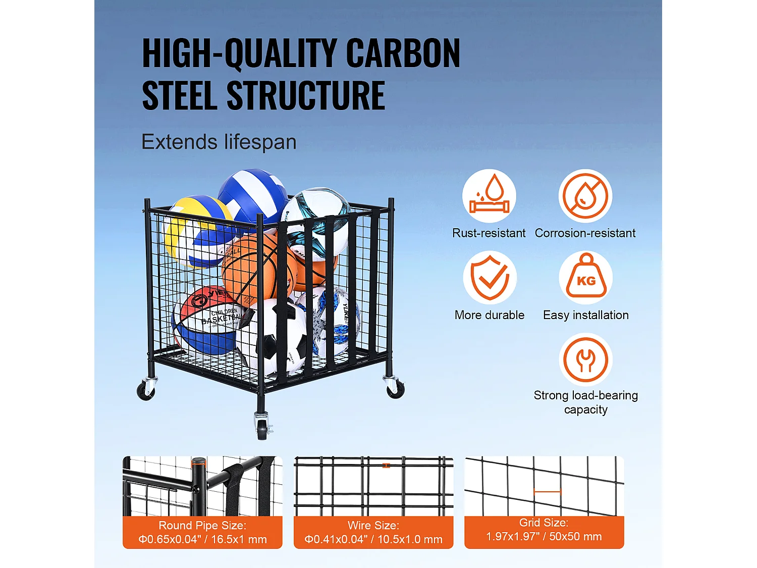 Chariot à Ballons SucceBuy Chariot de Rangement à Roulettes pour Ballons de Sport, Organisateur d'Équipement en Acier pour Garages