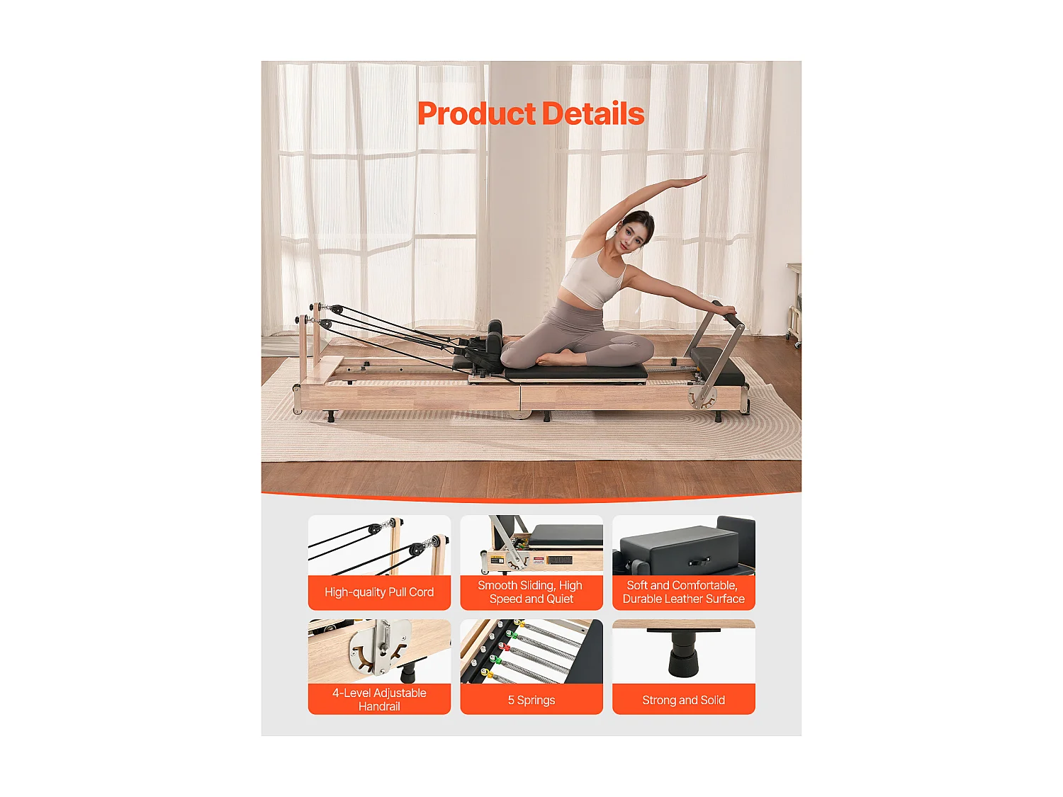 Machine de Pilates SucceBuy Réformateur Pilates Pliable en Bois Machine d'Entraînement de Yoga Gym