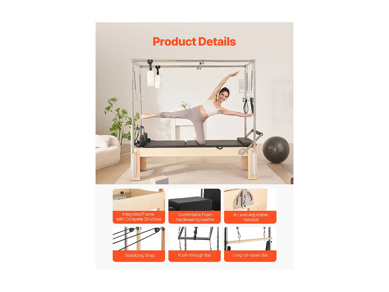 Machine de Pilates SucceBuy Reformer Pilates Équipement d'Entraînement de Yoga en Bois Domicile Gym