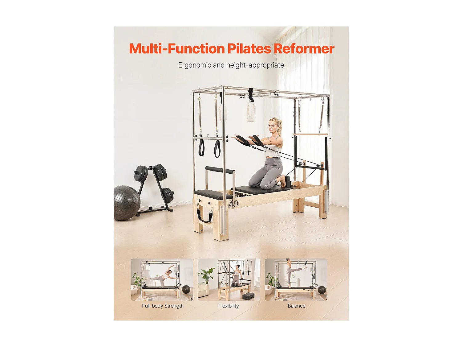 Machine de Pilates SucceBuy Reformer Pilates Équipement d'Entraînement de Yoga en Bois Domicile Gym