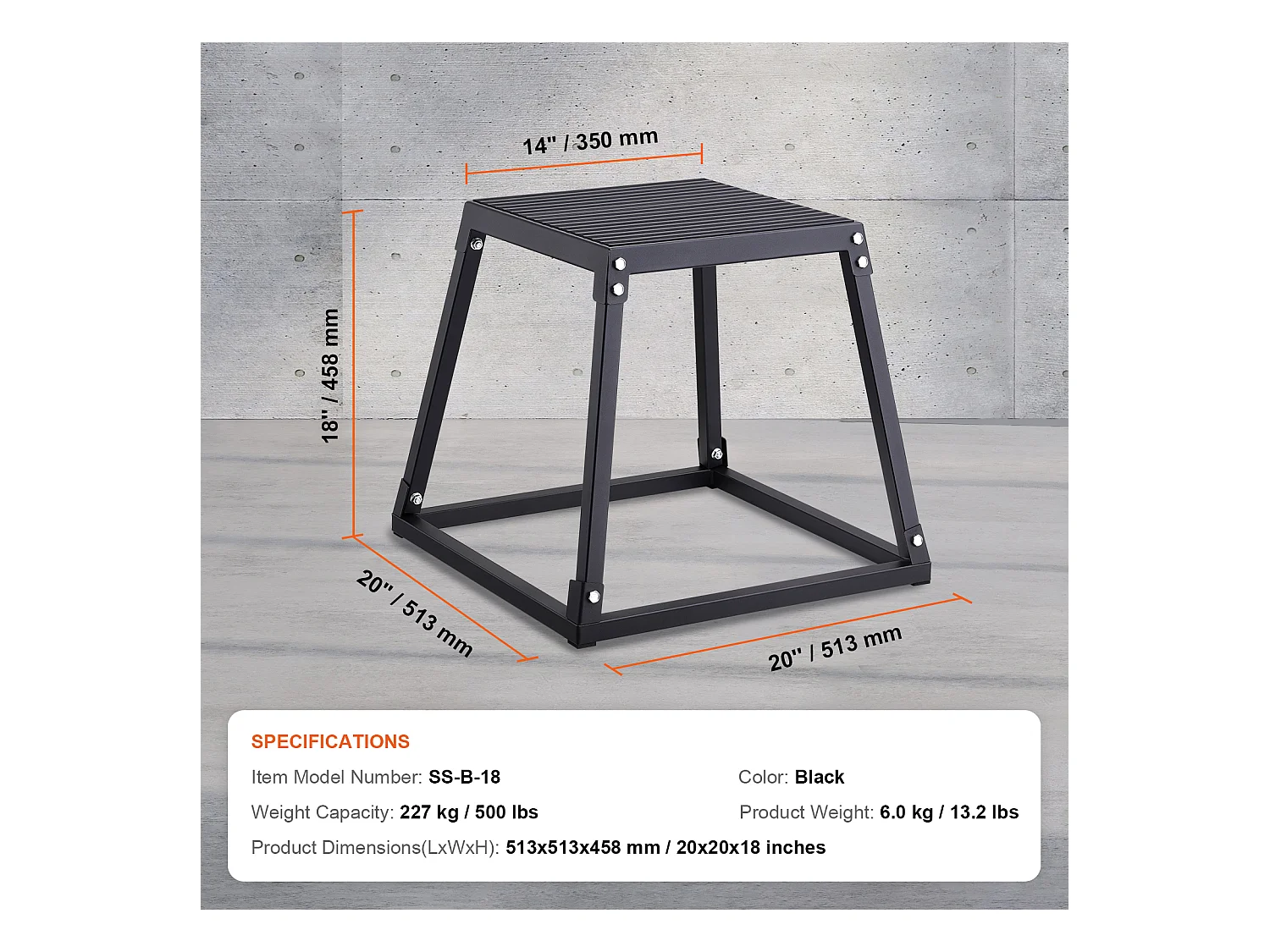 Pliometrische Sprongkist SucceBuy, Pliometrische Kist, Spieropleidings-Sprongkist, 45.8 cm, Zwart